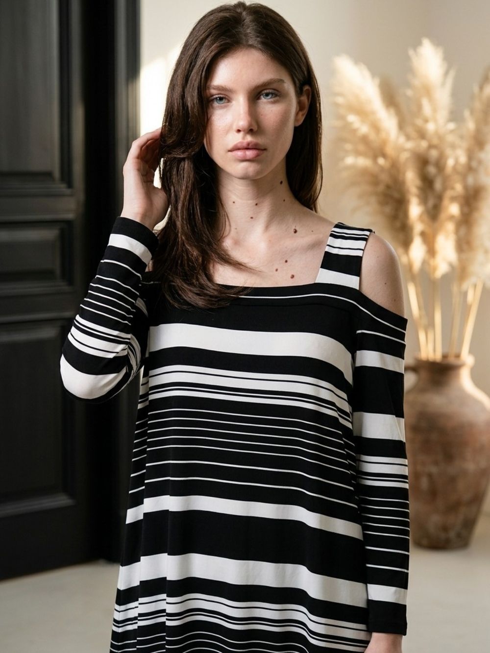 Chico's Black & White Striped Cold-Shoulder Tunic 1